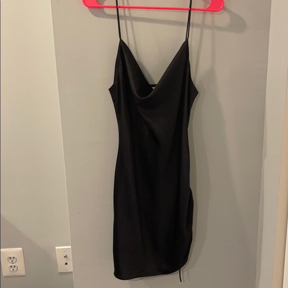 Black Ruched Mini Satin Slip Dress